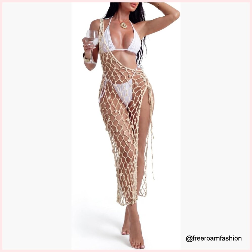 Crochet Cover Up Dress Asymmetric One Shoulder Beach Wrap Shawl Medium